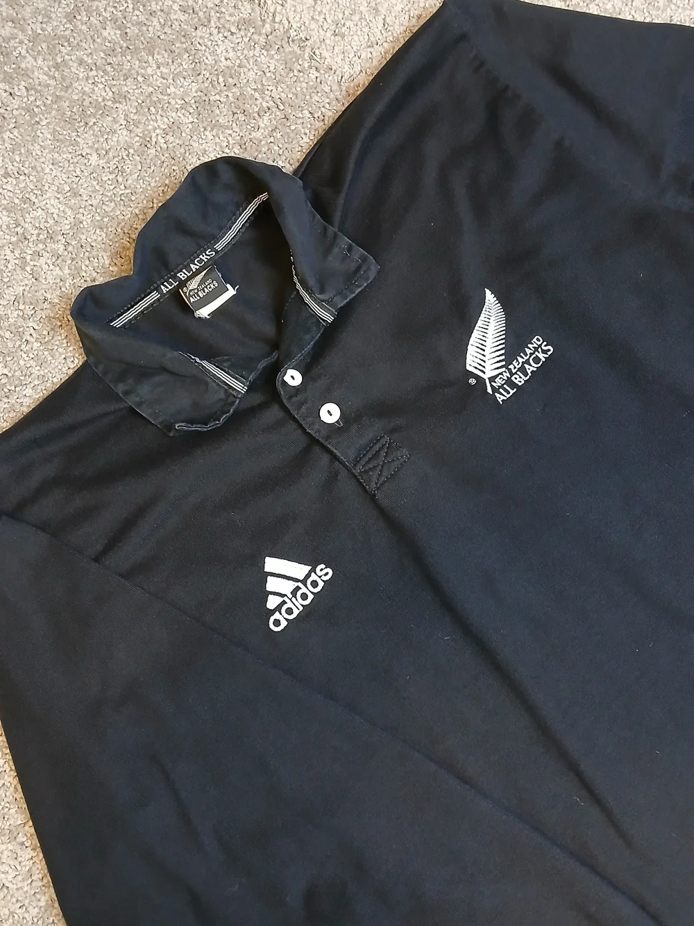 Vintage Adidas New Zealand All Blacks Black Rugby Polo Shirt for Men - Large